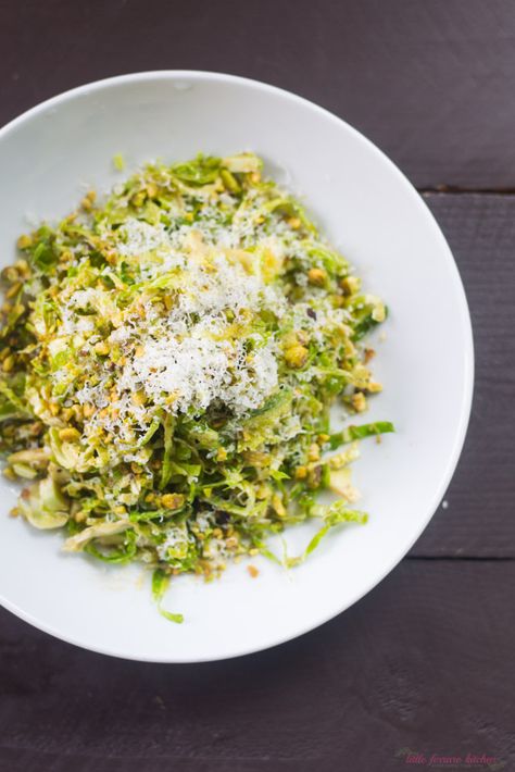 Brussel Sprout Salad with Pistachios and Pecorino via LittleFerraroKitchen.com Salad With Pistachios, Shaved Brussel Sprout Salad, Shaved Brussel Sprouts, Brussels Sprout Salad, Pistachio Salad, Healthy Thanksgiving Recipes, Sprout Salad, Sprouts Salad, Brussels Sprout