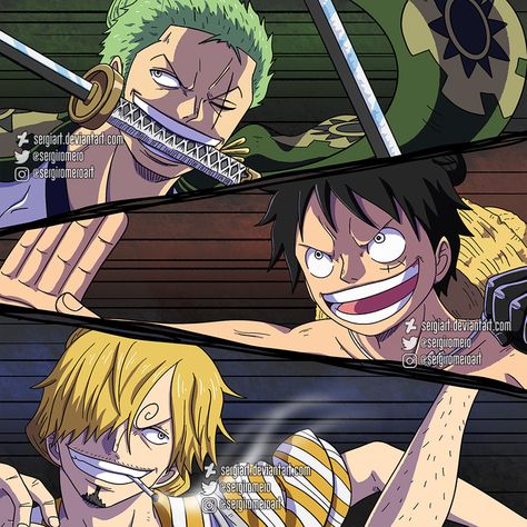 Zoro Luffy And Sanji, Luffy And Sanji, One Piece Deviantart, Monster Trio, Zoro Luffy, One Piece Gif, One Piece World, One Piece Tattoos, Zoro One Piece