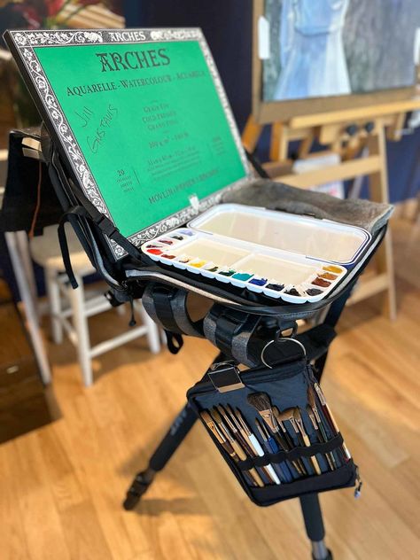 Large Watercolor Plein Air Setup - jillgustavis.com Artist Studio Storage, Watercolor Plein Air, Idea Of Painting, Plein Air Easel, Painting Outside, Outdoor Painting, Travel Watercolor, Plein Air Watercolor, Pochade Box