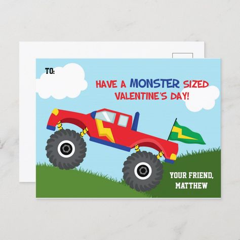 Monster Truck theme postcard, perfect for kids valentine's day card exchange. Monster Truck Valentines, Sawyer Bennett, Monster Truck Theme, Truck Theme, Valentines Crafts, Kids Valentines, Valentine's Card, Valentines Card, Valentines Day Card