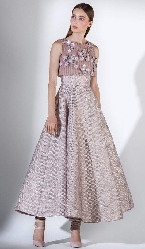 Saiid Kobeisy - 3450 Floral Appliqued Crop Top Metallic Dress Brocade Gown, Saiid Kobeisy, Desi Dress, Sheath Wedding Dress Lace, Fancy Dresses Long, Batik Fashion, Indian Gowns Dresses, Prom Dress Inspiration, Couture Candy