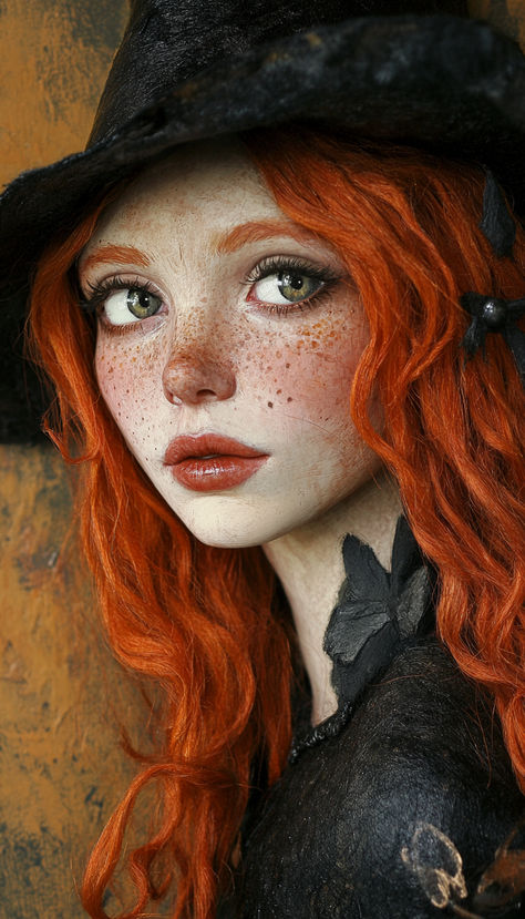 Folk Art Style Red Haired, Green Eyed Witch with Freckles Halloween Red Hair, Red Haired Witch, Woodland Witch, Witch Hair, 2024 Halloween, Samhain, Costume Ideas, Red Hair, Hogwarts