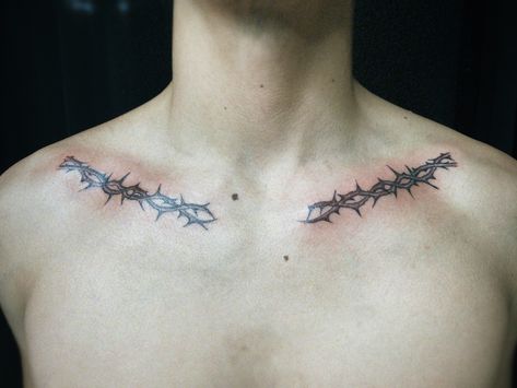 Collar Bone Thorn Tattoo, Collar Bone Tattoo Masculine, Collar Bone Tattoo Thorns, Masculine Collar Bone Tattoo, Thorns Collarbone Tattoo, Thorns Chest Tattoo, Thorn Chest Tattoo, Neck Bone Tattoo, Thorn Collar Bone Tattoo