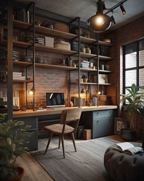 Architecture X Design | Study room design by @rizi.ad #DiXemNhaDi #Studyroom #officedesign #officespace | Instagram Small Office Lots Of Storage, Studio In Casa, Townhouse Ideas, Industrial Style Bedroom, Industrial Home Offices, Industrial Room, Loft Area, Rustic Home Offices, Bedroom Ideas Romantic