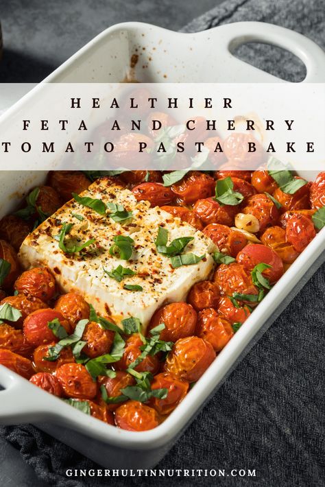 Elevate comfort food with my Healthier Feta & Tomato Pasta Bake! Whole wheat pasta, creamy feta, bursting cherry tomatoes & basil goodness. Meal prep for easy dinners & leftovers. Quick, delicious, and nourishing! #healthypasta #mealprep #easypastarecipe Tiktok Cherry Tomato Feta Pasta, Feta Tomato Pasta Bake, Feta Tomato Pasta, Tomato Pasta Bake, Feta Tomato, Pasta Creamy, Tomato Pasta Recipe, Cherry Tomato Recipes, Creamy Feta