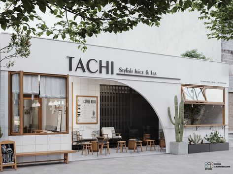 Tachi coffee tea shop concept 1 |CGI on Behance Architecture Coffee Shop, Coffee Shop Outside, Concept Coffee Shop, Coffee Shop Architecture, Cafe Exterior, Small Cafe Design, Shop Facade, Coffee Shop Interior Design, Cafe Concept