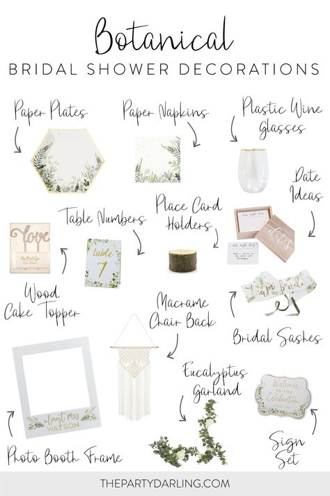 A collage of botanical bridal shower party supplies and decorations. Featuring greenery and wooden details, our botanical party supplies work great for a bachelorette party. Bridal Shower Botanical Theme, Botanical Bridal Shower Theme, Greenery Bridal Shower Ideas, Wedding Theme Games, Botanical Party, Botanical Plates, Bridal Cake Topper, Bride To Be Decorations, Hen Party Decorations