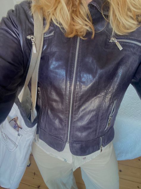 Purple Leather Jacket Aesthetic, Purple Leather Jacket Outfit, Blue Leather Jacket Outfit, Purple Leather Jacket, Leather Jacket Outfit, Blue Leather Jacket, Stephanie Brown, Leather Jacket Outfits, Jacket Outfit