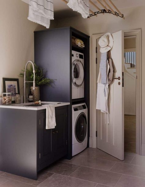 Utility Rooms | Harvey Jones Kitchen Utility Storage Closet, Basement Laundry Room Makeover, Small Laundry Closet, Closet Room Organizer, Basement Laundry Room, Basement Laundry, Laundry Room Closet, Laundry Room Layouts, Laundry Room Remodel