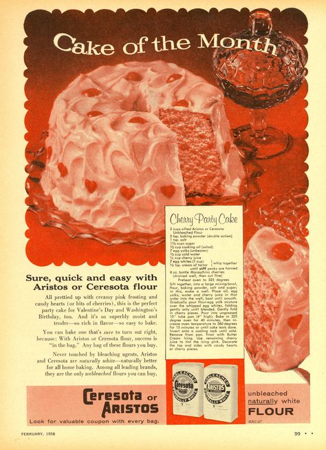 Cherry Party Cake Recipe from "Woman's Day" | February 1958 Retro Cake, Vintage Baking, Vintage Dessert, Cherry Cake, Vintage Cooking, Food Ads, Monkey Bread, Retro Recipes, Red Food