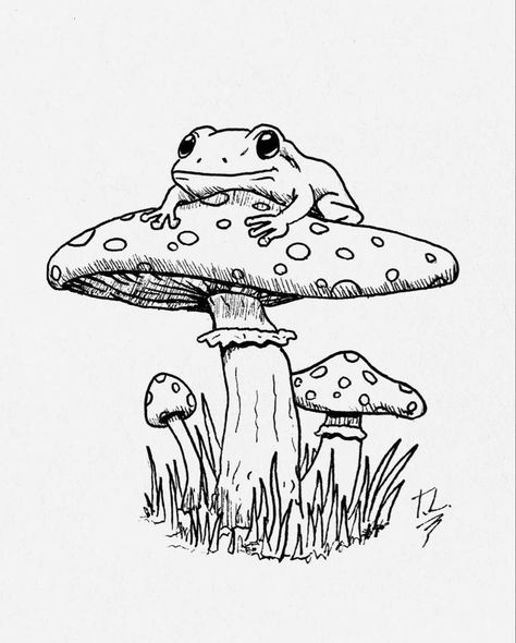 Easy Frogs To Draw, Frog Line Drawing Simple, Frog Under Mushroom Drawing, Mushrooms Line Art, Frog Drawing Black And White, Frog Sitting On Mushroom Tattoo, Frog On A Mushroom Drawing, Frog Sitting On Mushroom Drawing, Mushroom Colouring Pages