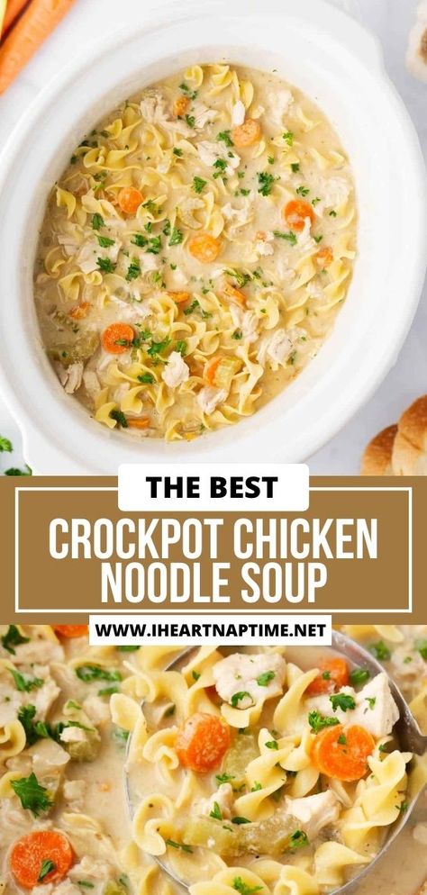 This crockpot chicken noodle soup is nourishing, flavorful and easy to make on a cold winter day. Nothing beats the taste of homemade chicken noodle soup! Homemade Chicken Noodle Soup Crockpot, Easy Crockpot Chicken Noodle Soup, Crockpot Chicken Noodle Soup, Chicken Soup Crockpot, Slow Cooker Chicken Noodle Soup, Best Chicken Noodle Soup, Crockpot Chicken And Noodles, Chicken Noodle Soup Crock Pot, Crockpot Chicken Healthy