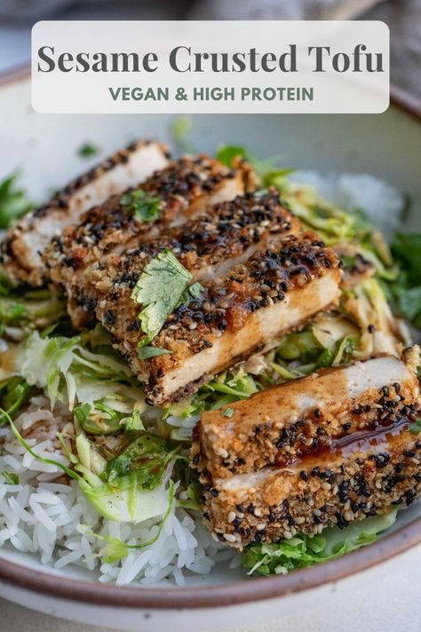 This sesame crusted tofu layers in flavor through the marinade, batter and breading. Extra crispy, packed with protein and flavor. Sesame Crusted Tofu, Crusted Tofu, Breaded Tofu, Vegan Gourmet, More Protein, Flaxseed, Vegan Dinner, Tofu Recipes, Tempeh