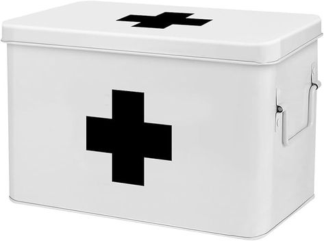 Amazon.com: Flexzion First Aid Box Organizer Empty 13" White Vintage First Aid Kit Tin Metal Medical Box - First Aid Storage Box Container Bins with Dividers, Removable Tray and Black Cross Logo : Health & Household Vintage First Aid Kit, First Aid Storage, Cross Logo, Family Emergency, Medicine Boxes, Tin Metal, Box Organizer, Antique Boxes, Black Cross