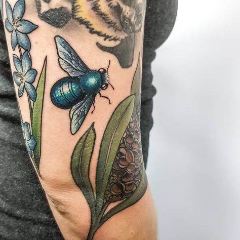 Carpenter Bee Tattoo, Darling Tattoo, Lavender Snake, Portrait Tattoo Sleeve, Australian Tattoo, Fresh Morning, Carpenter Bee, Bee Tattoo, Henna Tattoo Designs