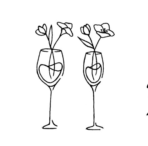 Wine Glass Tattoo Matching, Wine Glass With Flowers Tattoo, Cocktail Glass Tattoo, Wine Glass Tattoos, Tattoo Papillon, Wine Glass Illustration, Wine Glass Drawing, Wine Glass Tattoo, Pair Tattoos