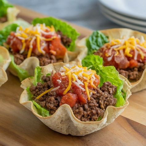 Taco Salad Cups with Beef, Lettuce, and Salsa Recipe - Instacart Mini Taco Bowls, Taco Salad Shells Tortilla Bowls, Salads In A Cup, Taco Salad Cups, Taco Salad Shells, Traditional Tacos, Taco Cups Recipe, Salad Cups, Salad Bowl Recipes