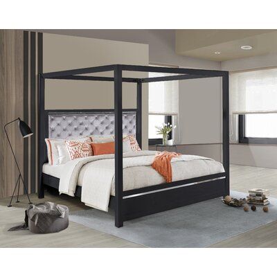 Simple, clean lines are punctuated by a rich dark smoky grey finish on which showcases the inherent beauty of the bedroom. The headboard has an inset, channeled soft gray velvet fabric for an updated feel with a lighted LED backlit function. The tall posts and canopy combine to form a striking silhouette. Add our matching case pieces to complete the look. | Latitude Run® Erinka Queen Low Profile Canopy Bed Wood & / Upholstered / Velvet in Brown / Gray, Size 78.5 H x 63.15 W x 84.96 D in | Wayfai Queen Size Canopy Bed, Boho Master, Bed Led, Led Headboard, Headboard Wood, Metal Canopy Bed, Canopy Bed Frame, Matching Case, Bedroom Colour Palette