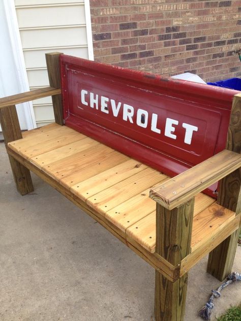 Tailgate Bench with 1967 tailgate my husband made. Chevy Tailgate Bench, Tailgate Benches, Truck Tailgate Bench, Tailgate Bench, Upcycled Ideas, Car Part Furniture, Truck Tailgate, Automotive Furniture, Tail Gate