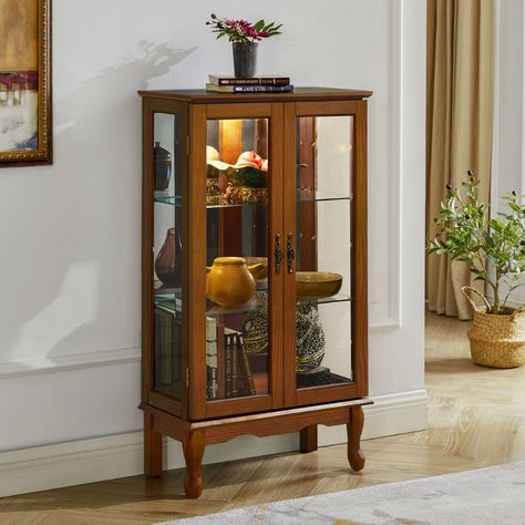 Introducing our lighted curio display cabinet with a mirrored back panel, adjustable glass shelves, and a clean. Curio Cabinet Displays, Corner Curio, Corner Display Cabinet, Curio Display, Dining Cabinet, Glass Cabinets Display, Tempered Glass Shelves, Tempered Glass Door, Glass Cabinet Doors