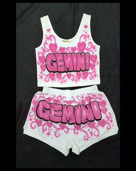 The items in this listing is NOT a 'set'. You must choose a top, add it to your cart, return to the listing, choose the shorts, add it to your cart. This makes your custom set. The main display image shows a personalized one word/name, gemini, airbrushed in transparent flamingo pink with a black outline and white highlights. The name is accented with hearts. This is just one of the many designs that can be airbrushed with zodiac signs, astrological signs. The onename can be also scorpio, aries, taurus, whatever fits.  This is 'custom' and we make these by hand.  We can airbrush this design in any color. Simply send us your color selection and name at the time of the order. Two word name/word design can be found here: https://aeroseartistry.etsy.com/listing/1504761826/airbrush-crop-tank-top Freaknik Shirt Ideas, Freaknik 90s Outfit Black Women, Airbrush Outfits, Custom Birthday Outfits, Airbrush Clothes, Scorpio Aries, Shorts Crop Top, Heart Birthday, Airbrush Designs