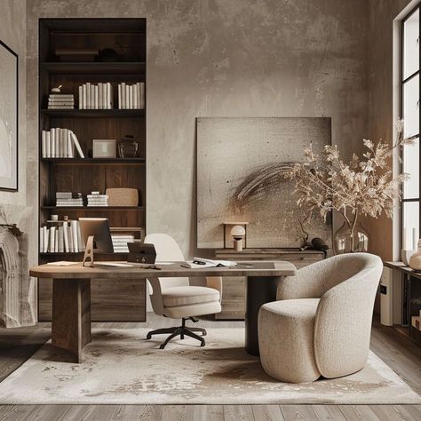 Modern Home Office Design Inspiration Organic Modern Home Office, Japandi Workspace, Japandi Office Design, Home Office Design Inspiration, Japandi Office, Japandi Home Office, Modern Home Office Design, Large Bookshelf, Organic Modern Home