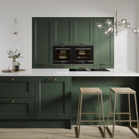 White Kitchen Worktop, Dark Green Kitchen, Sage Green Kitchen, White Units, Green Kitchen Cabinets, Kitchen White, Shaker Kitchen, Kitchen Extension, Kitchen Color