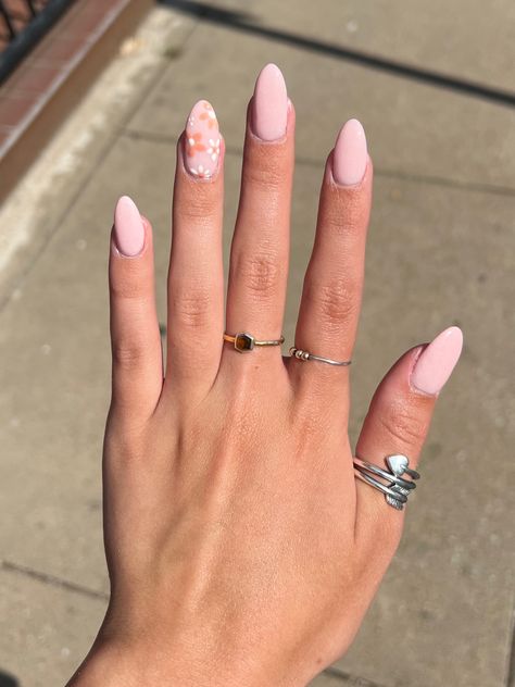 Cute Pink Nails Almond Shape, Nails Inspiration One Color, Acrylic Nails Daisy, Daisy Nails Pink, Pink Oval Acrylic Nails, Acrylic Nails Vacation, Pink Daisy Nails, Monthly Nails, Solid Color Acrylic Nails