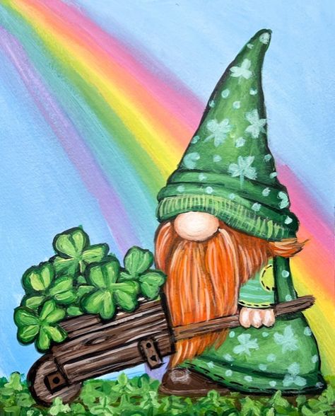 Easter Painting Ideas On Canvas, Easter Acrylic Painting, St Patrick's Day Tree, St Patricks Day Pictures, Gnome Wallpaper, Saint Patricks Day Art, Gnome Paint, Gnome Pictures, Easter Gnome