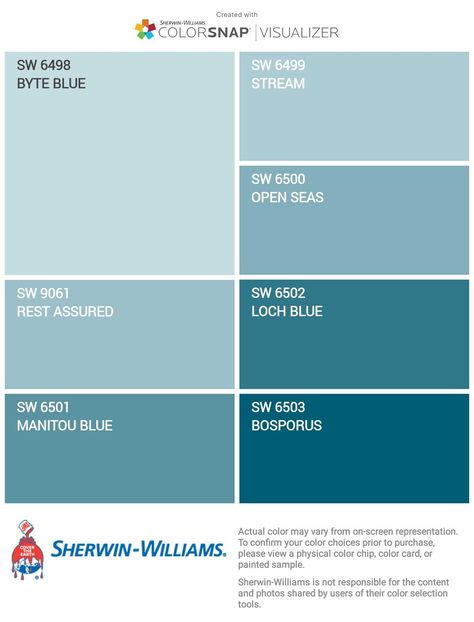 Color strip with "Stream" Sherwin Williams Stream Paint, Stream Sherwin Williams, Sherwin Williams Stream, Turquoise Paint Colors, Colour Numbers, Coastal Paint Colors, Blue Wall Colors, House Color Palettes, Color Schemes Colour Palettes