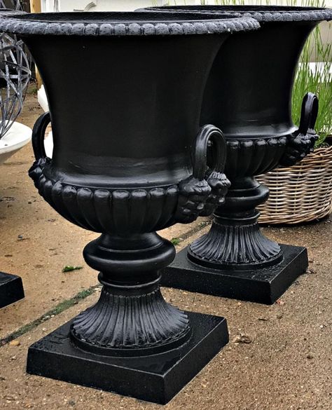 Cast Aluminum Urns | Detroit Garden Works Planter Urns Ideas, Cast Iron Urn Planter Ideas, Black Urns On Front Porch, Brown Eyed Susan, Detroit Garden Works, Outdoor Urns, Landscaping Pool, Iron Planters, Black Planters