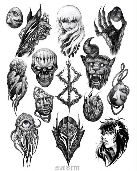 Art Of Berserk, Dark Fantasy Tattoo Ideas, Blackwork Tattoo Design Ideas, Berserk Tattoo Design, Berserk Tattoo Ideas, Berserk Tattoos, Berserk Skull, Berserker Tattoo, Tattoo Art Drawings Sketches