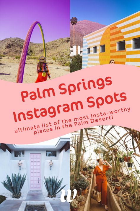 The ultimate list of IG worthy photo spots in Palm Springs,California. #palmsprings #desert  read more here: https://whimsysoul.com/palm-springs-instagram-spots/ Palm Springs Instagram, Palm Springs Bach, Palm Springs Outfit, Palm Springs Aesthetic, Palm Springs Mini Backpack, Palm Springs Hotels, Palm Springs Bachelorette, Salvation Mountain, Parker Palm Springs