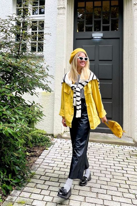 Girl with blonde hair wearing a striped sweater, striped tee, yellow beret, white cat-eye sunglasses, yellow denim jacket, yellow belt bag, faux leather pants, striped socks and loafers. Yellow Socks Outfit, Yellow Beret Outfit, Poses Practice, Yellow Denim Jacket, Yellow Beret, Socks And Loafers, Beret Outfit, Girl With Blonde Hair, Sunglasses Yellow