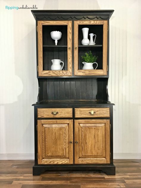 Black and Antique Oak Hutch | General Finishes Design Center Black Hutch, Hutch Furniture, Upcycled Furniture Before And After, Hutch Ideas, Painted Hutch, Water Based Wood Stain, Upcycle Furniture, Hutch Makeover, Diy Dresser Makeover