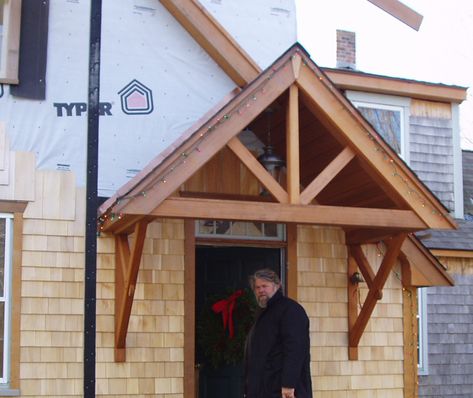 Gable Roof Porch, Portico Entry, Spiral Stairs Design, Door Overhang, Timber Frame Porch, Cedar Door, Wall Images, House Awnings, Deck Makeover