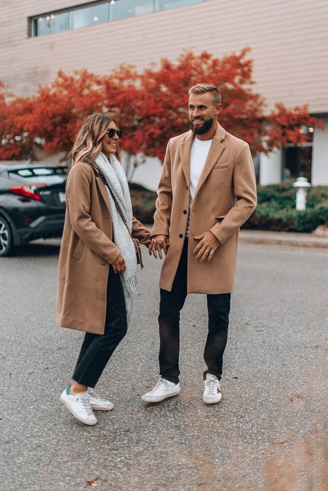 Fall Coats for Him & Her #camelcoat Coat Guide, Couple Outfit Ideas, Cella Jane, Couple Fits, Fall Winter Coat, Early Fall Outfits, Boots And Leggings, Cute Couple Outfits, Matching Couple Outfits