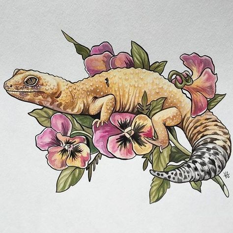 Gecko Art, Pansy Tattoo, Gecko Tattoo, Lizard Tattoo, Cute Gecko, Cute Lizard, Tattoo Floral, Leopard Geckos, Cute Reptiles