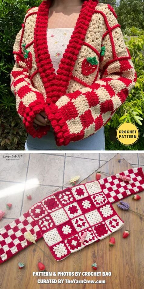 Strawberry Granny Square Cardigan, Strawberry Crochet Cardigan Pattern, Pink Granny Square Cardigan, Crochet Strawberry Sweater, Crochet Square Sweater, Strawberry Craft, Freestyle Crochet, Granny Square Crochet Cardigan, Granny Square Jacket