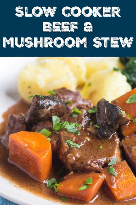 This hearty slow cooker beef and mushroom stew is so quick to put together, and it makes the perfect dinner for a cold winter's evening. Simply add some boiled or mash potatoes and green vegetables on the side for an easy meal without fuss. #slowcooker #beef #mushroom #stew #crockpot #comfortfoods #families #dinner #worcestershiresauce Dinner For A Cold, Mushroom Slow Cooker, Beef And Mushroom Stew, Stew Easy, Beef Stews, Simple Sides, Healthy One Pot Meals, Mushroom Stew, Recipes Beef