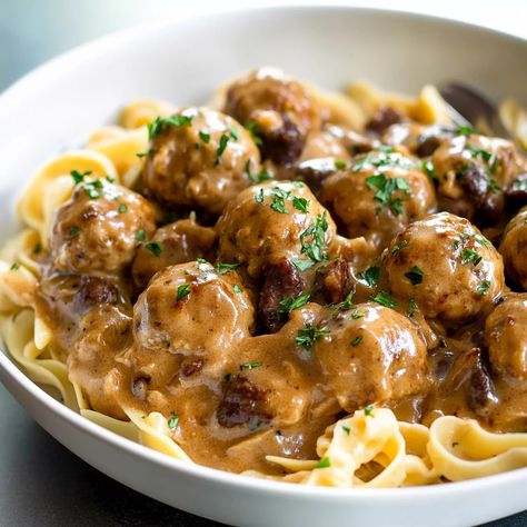 Creamy Chicken Meatball Stroganoff | Easy & Delicious Recipe Chicken Meatball Stroganoff, Meatball Stroganoff Recipe, Crock Pot Stroganoff, Ground Chicken Recipes Healthy, Meatball Stroganoff, Sausage Meatballs, Chicken Meatball, Chicken Stroganoff, Sour Cream Sauce