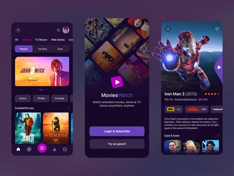 MoviesWatch - On-Demand Entertainment App (Cinema, Tv, Series) by Niranjan kumar Streaming Service Design, Cinema App Design, Manga Apps, Game App Ui, App User Interface, Unique Website Design, App Design Layout, Movie App, Android Design