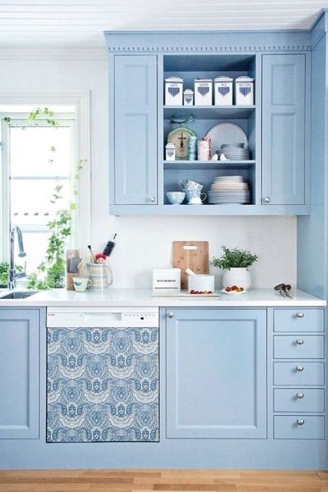 Wallpaper on dishwasher door Kitchen With Blue Cabinets, Blue Kitchen Designs, Green Kitchen Decor, Blue Cabinets, Upcycled Home Decor, Kitchen Cabinet Colors, Kitchen Wallpaper, Blue Kitchens, Kitchen Redo