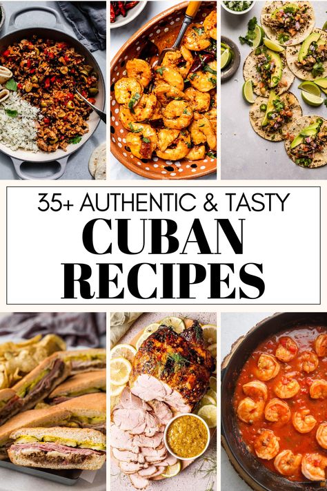 Enjoy the vibrant and flavorful world of Cuban cuisine with this carefully curated collection of 35+ authentic Cuban recipes! From popular appetizers and flavor packed side dishes to hearty main courses and tropical desserts, this roundup has everything you need to bring the taste of Cuba to your kitchen. Whether you're craving classic dishes like Ropa Vieja and Arroz con Pollo or looking for sweet treats like Flan Cubano and refreshing drinks like Cuba Libre, this post has got you covered. Cuban Food Wedding Buffet, Authentic Recipes From Around The World, Cuban Dinner Party, Cuban Food Authentic, Flan Cubano, Cuban Food Recipes, Cuban Meals, Cuban Dinner, Cuban Appetizers