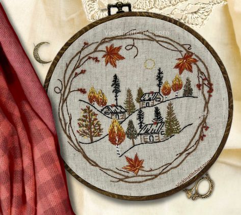 Autumn woodland beginner embroidery kit.  Autumn cabin in the forest hand embroidery kit for beginners. Fall season nature autumn leaf Easy  This fun cabin in the woodlands  hand embroidery kit is a 8" design on quality fabric that features cabins in an autumn woods. This stunning diy embroidery kit features a lovely scene of  beautiful stitched trees. Easy-to-follow step by step instructions make it  possible for even beginning embroiderers to create a beautiful art piece.   Complete all includ Autumn Embroidery Patterns Free, Forest Embroidery Pattern Instant Download, Autumn Leaf Embroidery Pattern, Autumn Cabin, Cabin In The Forest, Forest Embroidery, Owl Forest Embroidery, Autumn Fox Cross Stitch Pattern, Autumn Quilt