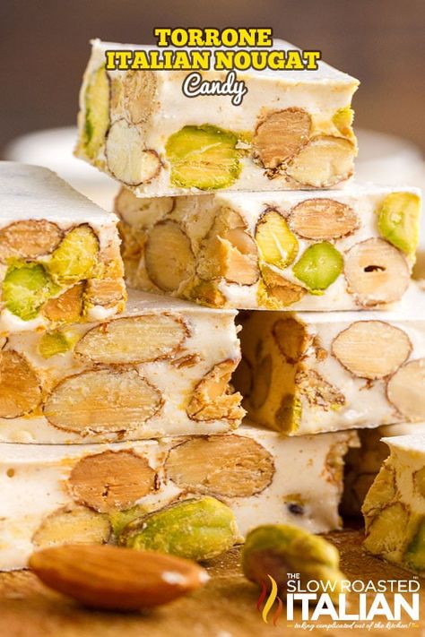 Torrone (Italian Nougat Candy) Torrone Recipe, Italian Christmas Desserts, Italian Candy, Nougat Recipe, Slow Roasted Italian, Cannoli Filling, Italian Cream Cakes, Italian Recipes Dessert, The Slow Roasted Italian