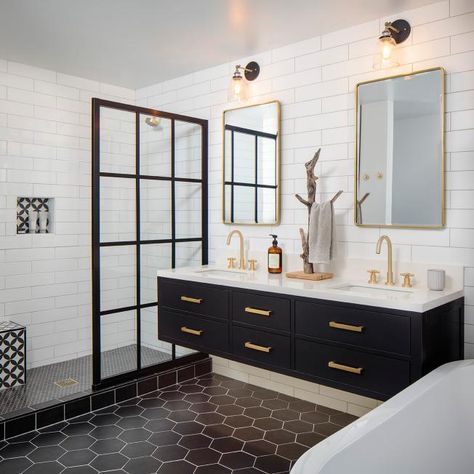 Built In Shower Seat, Modern Double Vanity, Bathroom Gold, Black Floor Tiles, Bathroom Design Black, Black White Bathrooms, Black Vanity Bathroom, Bathroom Accents, Shower Seat