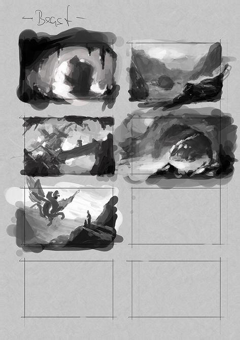 duktusdigital.de - study 8 value & composition Landscape Painting Compositions, Value Thumbnails, Composition Digital Art, Values Study Reference Art, Concept Art Composition, Black And White Concept Art, Multiple Characters Composition, Illustration Composition Ideas, Gray Scale Digital Art