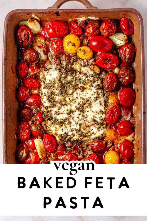 This vegan baked feta pasta is bursting with seasonal flavors like ripe cherry tomatoes and basil. It’s made with a dairy-free tofu feta that when mixed with the roasted tomatoes creates an incredibly creamy pasta sauce! This vegan baked pasta dish is great in the summer but can be made year round. It's ready in under an hour, perfect for weeknight and it makes tons of food (perfect for meal prepping)! This is a vegan adaptation of the tiktok viral baked feta recipe. Cherry Tomato Feta Pasta, Tofu And Tomato Recipe, Cherry Tomato Feta, Tomato Feta Pasta, Baked Feta Recipe, Pasta Tiktok, Vegan Pasta Bake, Tofu Pasta, Tofu Feta