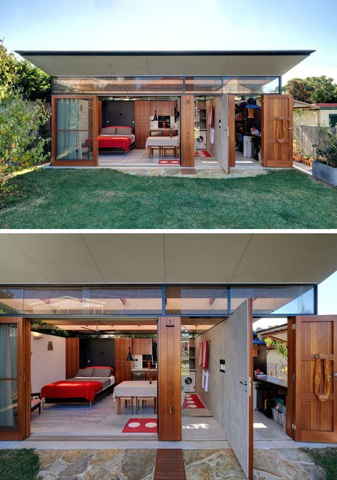 This modern backyard studio in Australia has a home office, living quarters, bathroom with laundry, an outdoor shower and a shed with an indoor/outdoor workspace. #BackyardStudio #GuestHouse #Architecture Guesthouse Architecture, Shed With Bathroom, Laundry Shed, Outdoor Workspace, Bathroom With Laundry, Workspace Storage, Backyard Studio, Backyard Office, Backyard Sheds